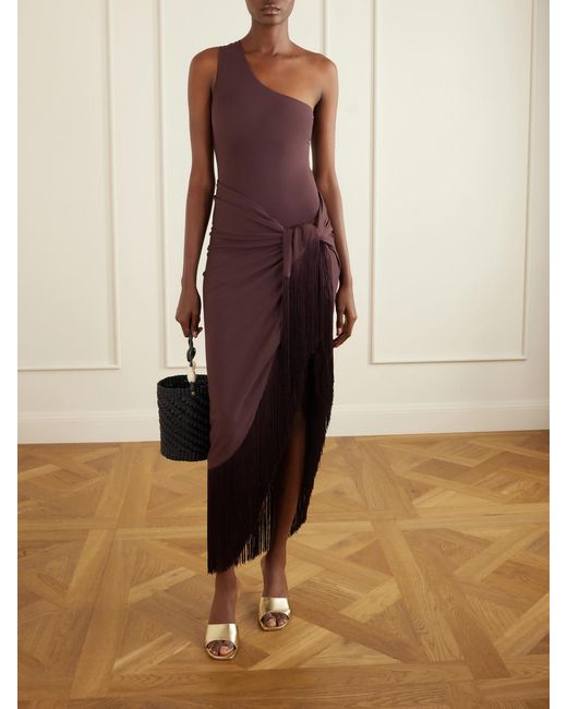 Taller Marmo Purple Rhodes One-Shoulder Swimsuit And Fringed Pareo Set
