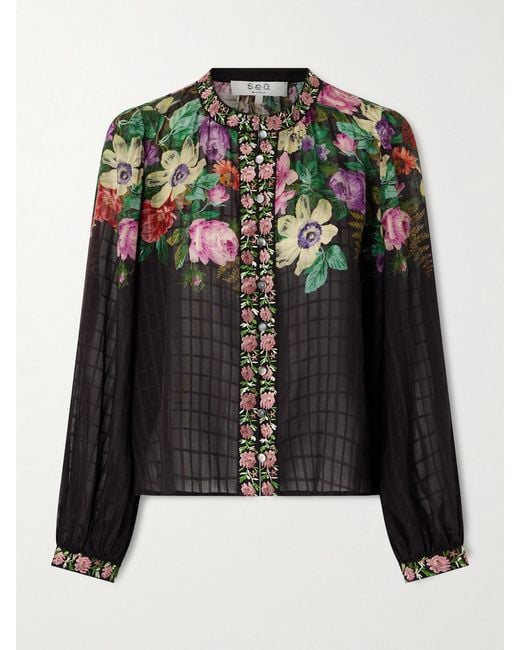 Sea Black Viktoria Embroidered Floral-Print Voile Blouse