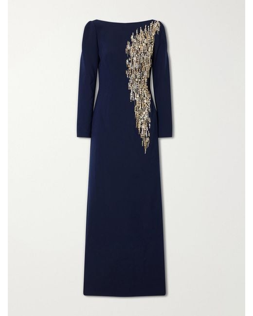 Jenny Packham Blue Avana Crystal And Bead-Embellished Crepe Gown