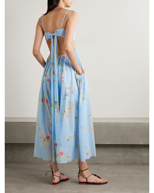 Zimmermann Blue Lucky Picnic Cutout Crocheted Lace-Trimmed Printed Cotton-Voile Maxi Dress
