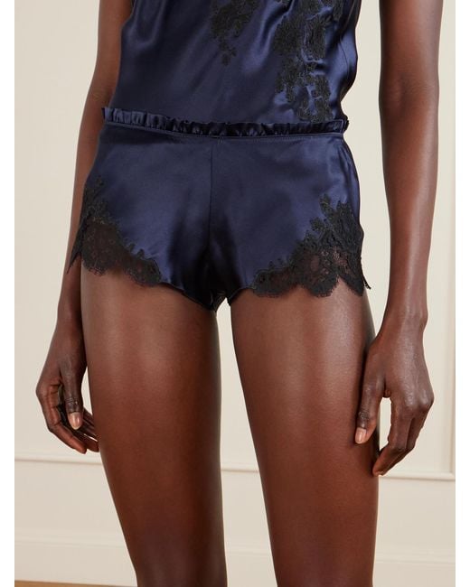 Carine Gilson Blue Lace-Trimmed Silk-Satin Shorts