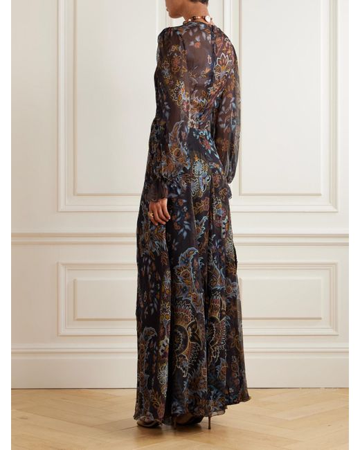 Etro Black Pleated Gathered Floral-Print Silk-Crepon Maxi Dress