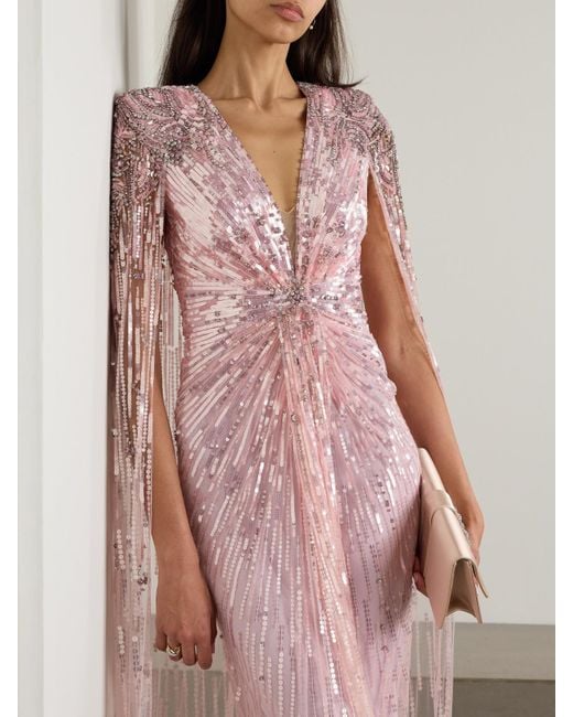 Jenny Packham Pink Rush Embellished Cape-Effect Tulle Gown