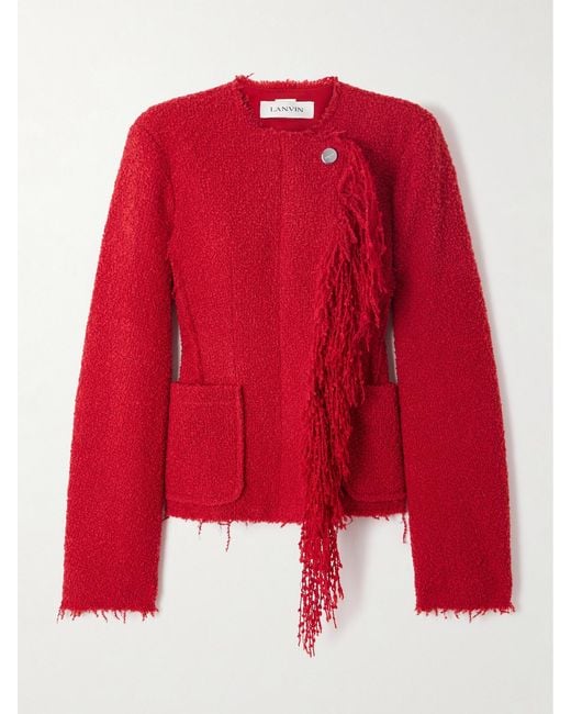 Lanvin Red Fringed Wool-Blend Bouclè Jacket