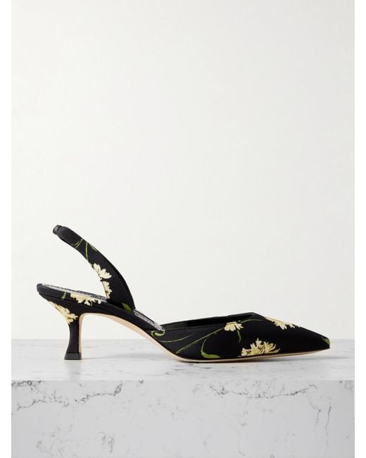 Manolo Blahnik Black Carolyne 50 Floral-Print Satin Slingback Pumps
