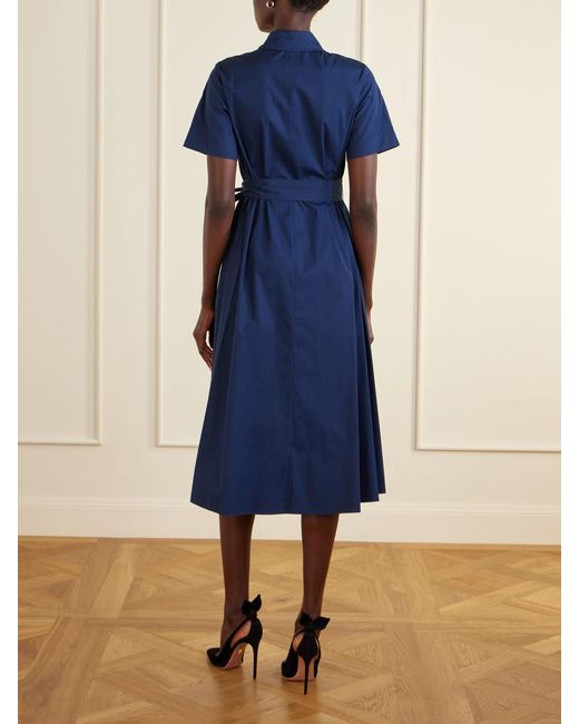 Carolina Herrera Blue Belted Floral-Embroidered Cotton-Blend Midi Dress