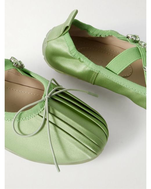 Simone Rocha Green Grosgrain-Trimmed Crystal-Embellished Pleated Satin Ballet Flats