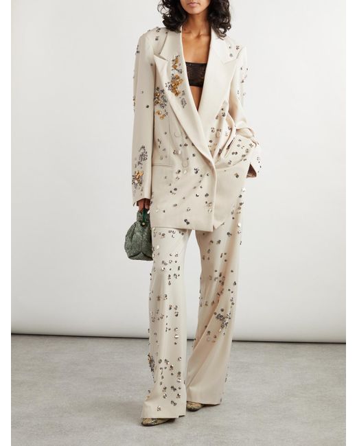 Dries Van Noten Natural Double-Breasted Embellished Wool-Twill Blazer