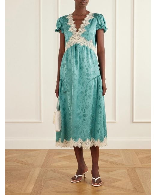 Sea Blue Shay Gathered Lace-Trimmed Floral-Jacquard Midi Dress