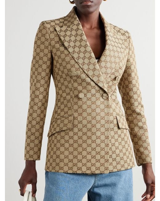 Gucci Natural Double-Breasted Cotton-Blend Canvas-Jacquard Blazer