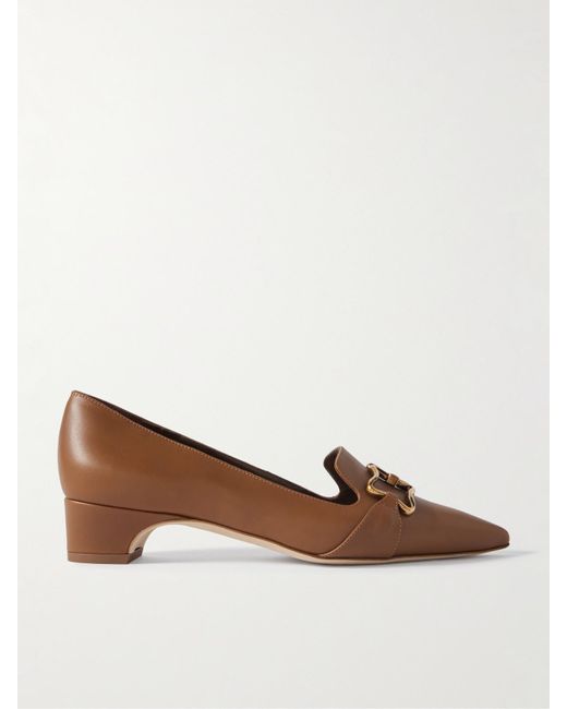Manolo Blahnik Brown Phoebpla 30 Embellished Leather Pointed-Toe Loafers