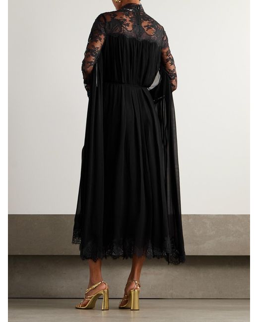Zimmermann Black Gathered Lace-Trimmed Crepe Midi Dress