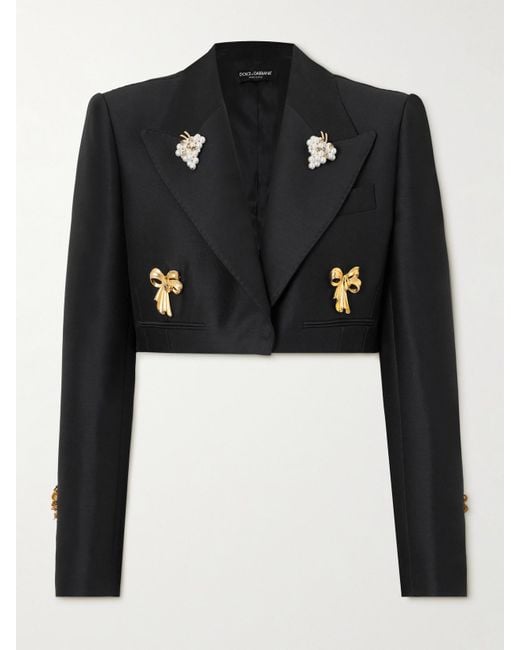 Dolce & Gabbana Black Verkürzter Blazer Aus Satin Aus Einer Woll-Seidenmischung Mit Verzierungen