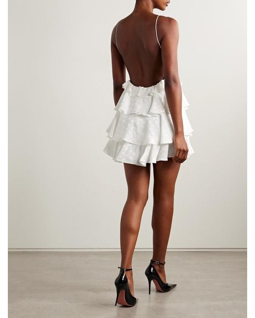 Alessandra Rich White Ruffled Silk-Satin Jacquard Mini Dress