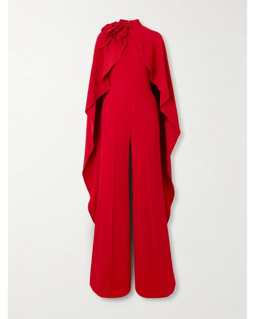 Elie Saab Red Jumpsuit Aus Cady Mit Cape-Effekt Und Applikation