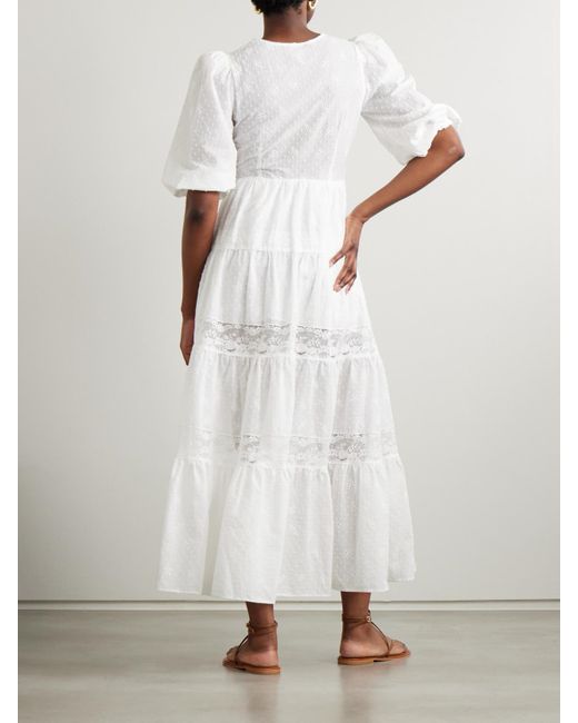 Loretta Caponi White Poppi Lace-Trimmed Tiered Broderie Anglaise Cotton Maxi Dress
