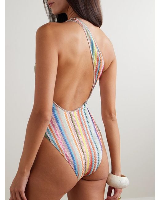 Missoni White Mare One-Shoulder Cutout Striped Metallic Crochet-Knit Swimsuit