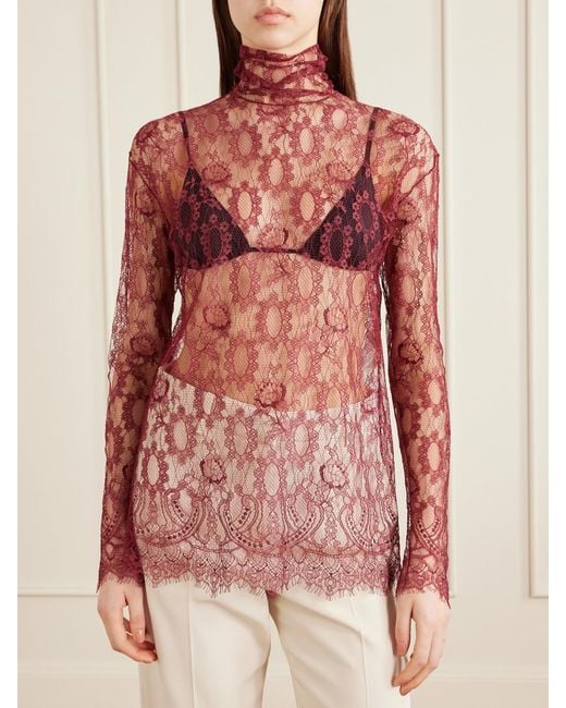 Dolce & Gabbana Red Chantilly Lace Turtleneck Blouse