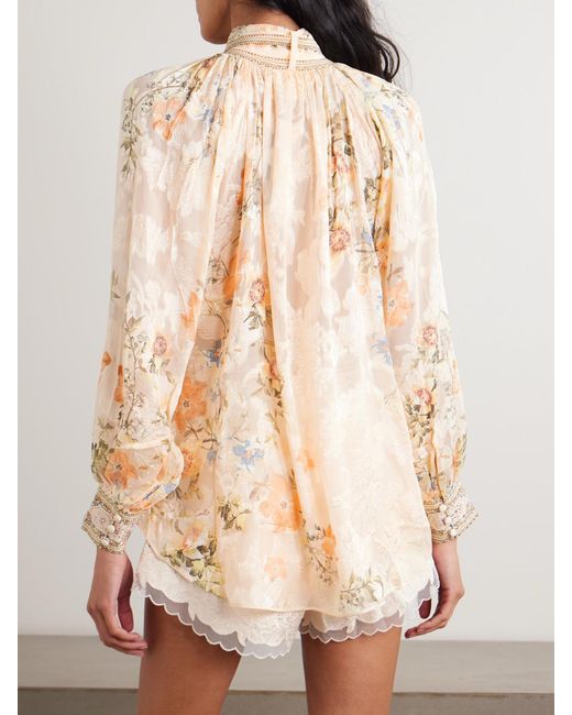 Camilla Natural Crystal-Embellished Pussy-Bow Floral-Print Silk-Blend Jacquard Blouse