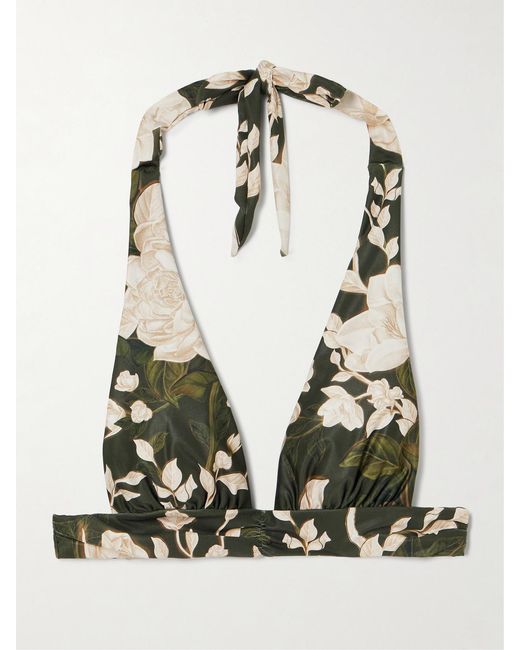 Agua Bendita Green Marimar Gardenia Floral-Print Recycled Halterneck Bikini Top