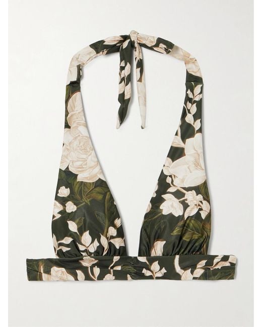 Agua Bendita Green Marimar Gardenia Floral-Print Recycled Halterneck Bikini Top