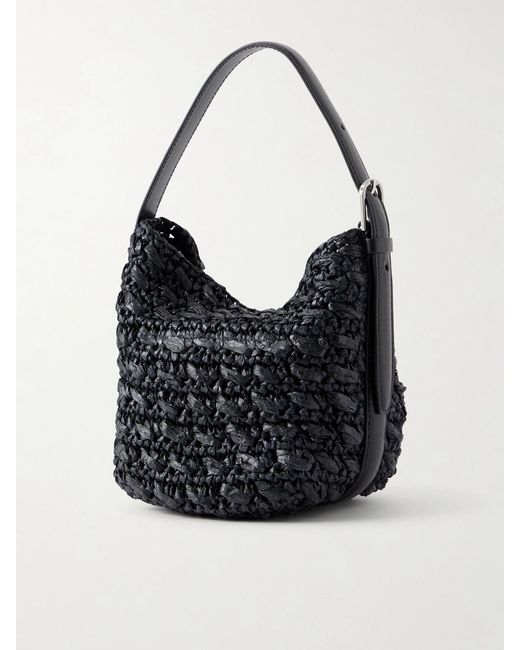 Totême  Black Belted Small Leather-Trimmed Raffia Shoulder Bag