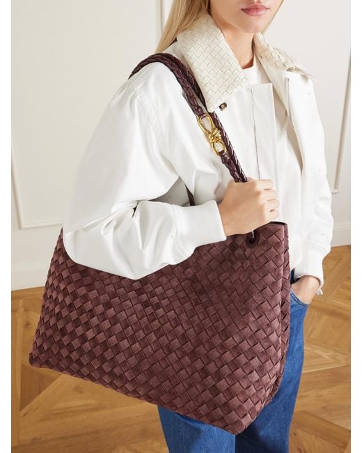 Bottega Veneta Red Andiamo Large Leather-Trimmed Intrecciato Suede Tote