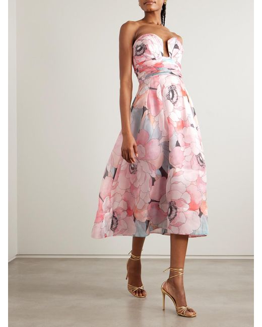 Rebecca Vallance Pink Strapless Gathered Floral-Print Silk-Organza Midi Dress