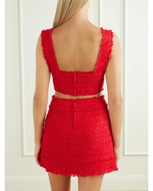 Dolce & Gabbana Red Cropped Frayed Metallic Cotton-Blend Tweed Top
