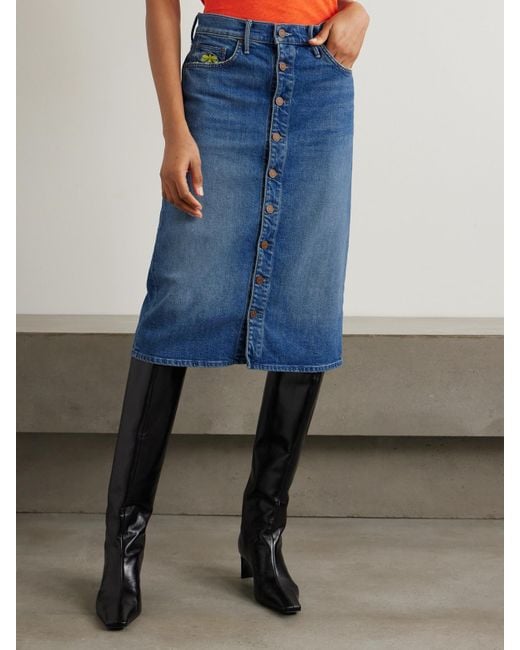 Mother Blue La Doublej The Button Vagabond Embroidered Denim Midi Skirt