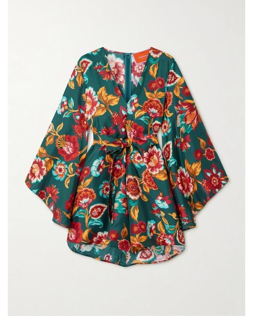 LaDoubleJ Multicolor Magnifico Belted Floral-Print Silk-Twill Mini Dress