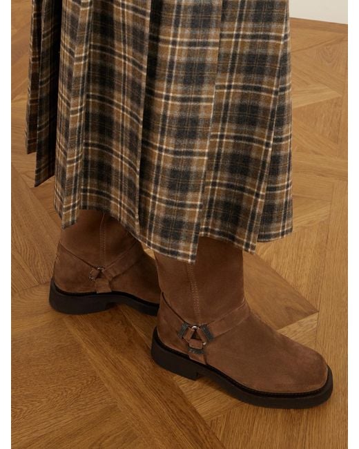 Brunello Cucinelli Brown Bead-Embellished Suede Biker Boots