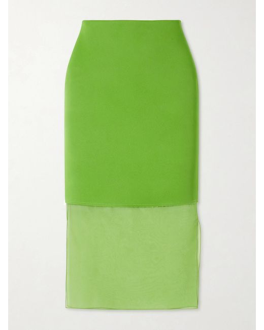 Khaite Green Sybil Layered Frayed Satin-Crepe And Organza Midi Skirt