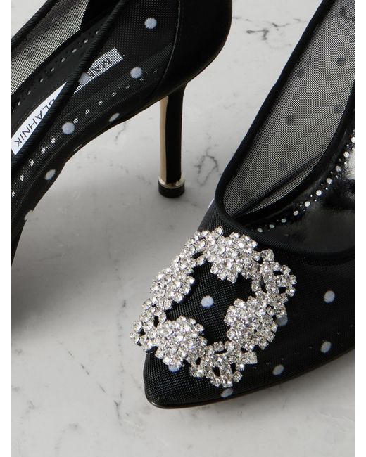 Manolo Blahnik Black Hangisi 90 Pumps Aus Beflocktem Mesh Mit Satinbesätzen Und Kristallen
