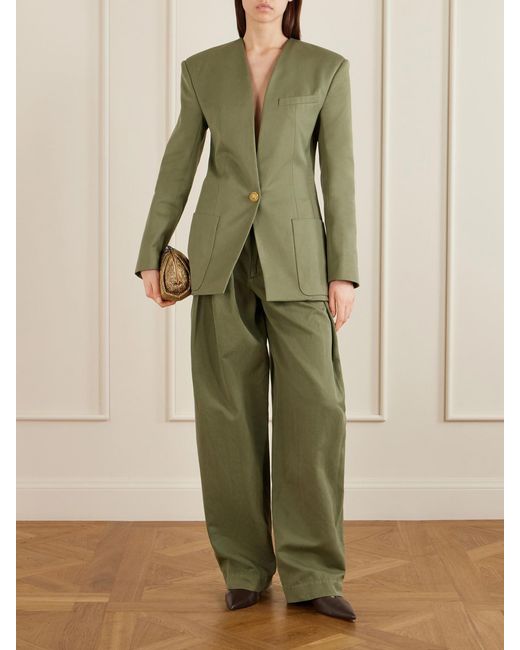 Balmain Green Belted Pleated Cotton And Linen-Blend Twill Tapered Pants