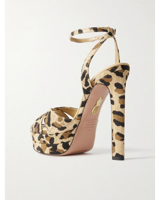 Aquazzura Metallic Divine Plateau 130 Leopard-Print Raffia Platform Sandals