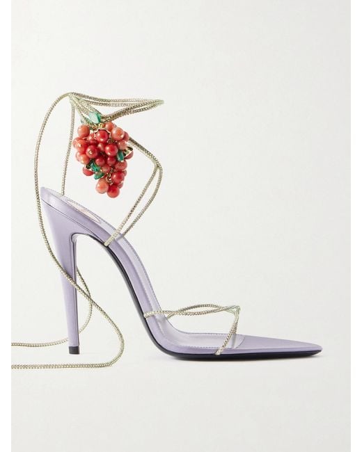 Saint Laurent White Suede-Trimmed Embellished Satin Sandals