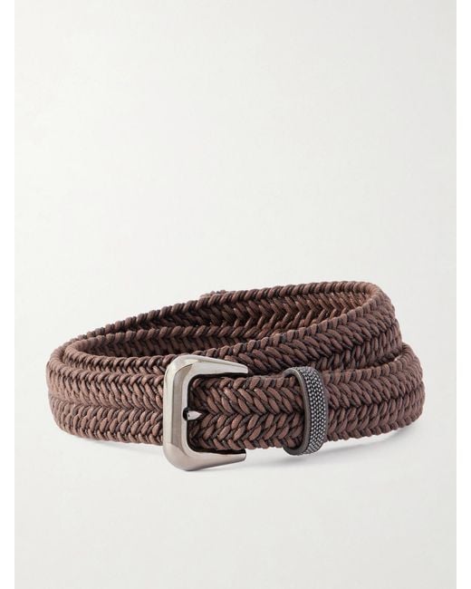 Brunello Cucinelli Brown Bead-Embellished Leather-Trimmed Woven Belt