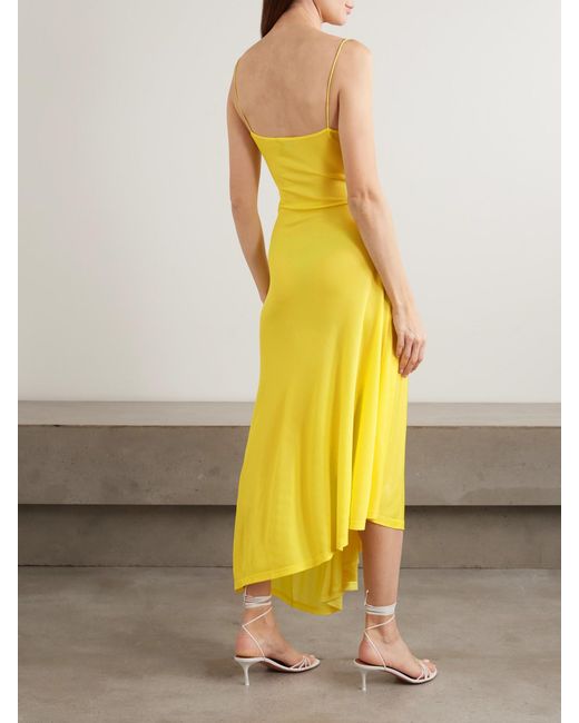 Christopher Esber Yellow Delphin Asymmetric Gathered Lace-Trimmed Ribbed Jersey Midi Dress