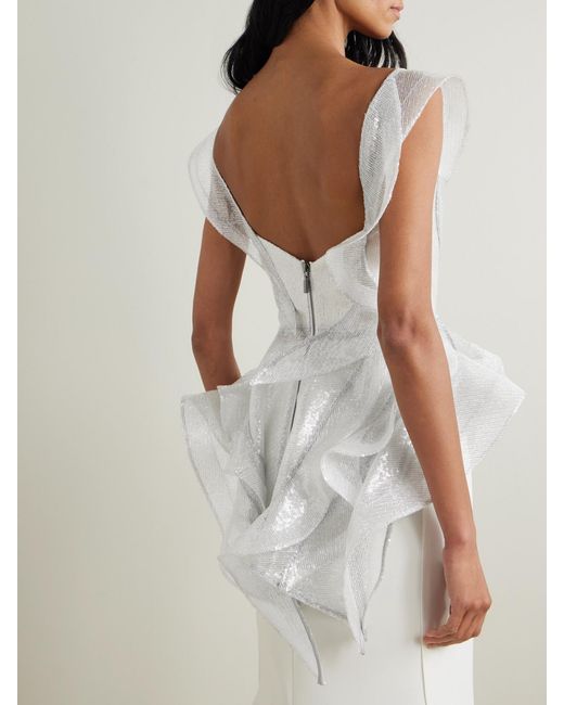Maticevski White Liora Wave Asymmetric Ruffled Sequined Mesh Top