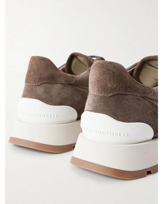 Brunello Cucinelli Brown Monilli Runner Bead-Embellished Shell And Suede Sneakers