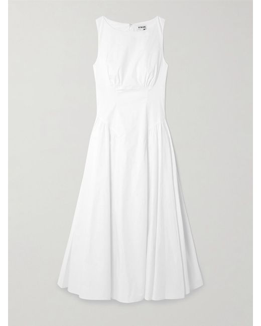Staud White Gwen Paneled Pleated Cotton-Blend Poplin Midi Dress
