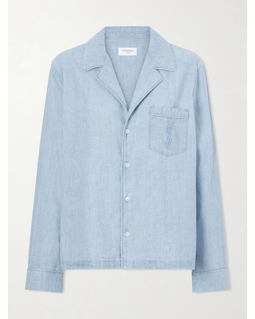 Saint Laurent Blue Cassandre Logo-Embroidered Piped Cotton-Chambray Shirt