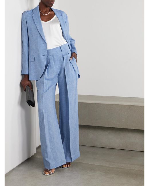Brunello Cucinelli Blue Pleated Linen-Blend Wide-Leg Pants