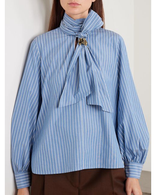 Max Mara Blue Embellished Striped Cotton-Blend Poplin Shirt