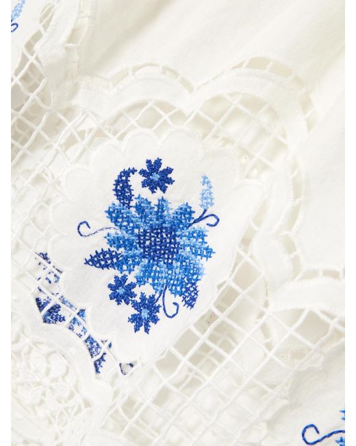 Farm Rio Blue Daisy Embroidered Linen-Blend Gauze And Lace Top