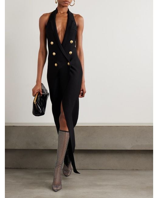 Balmain Black Neckholder-Maxikleid Aus Strick Mit Zierknöpfen