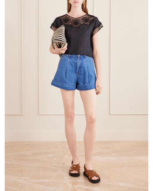 Nili Lotan Black Caila Crochet-Trimmed Ramie Top