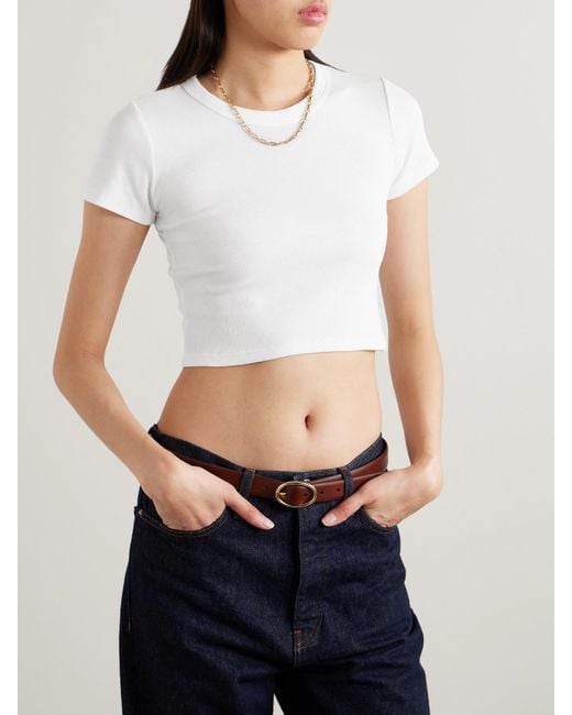 Leset White Kelly Cropped Ribbed Stretch-Cotton Jersey T-Shirt