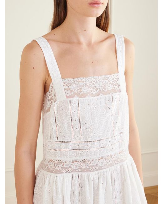 Loretta Caponi White Antigua Lace-Trimmed Embroidered Cotton Midi Dress